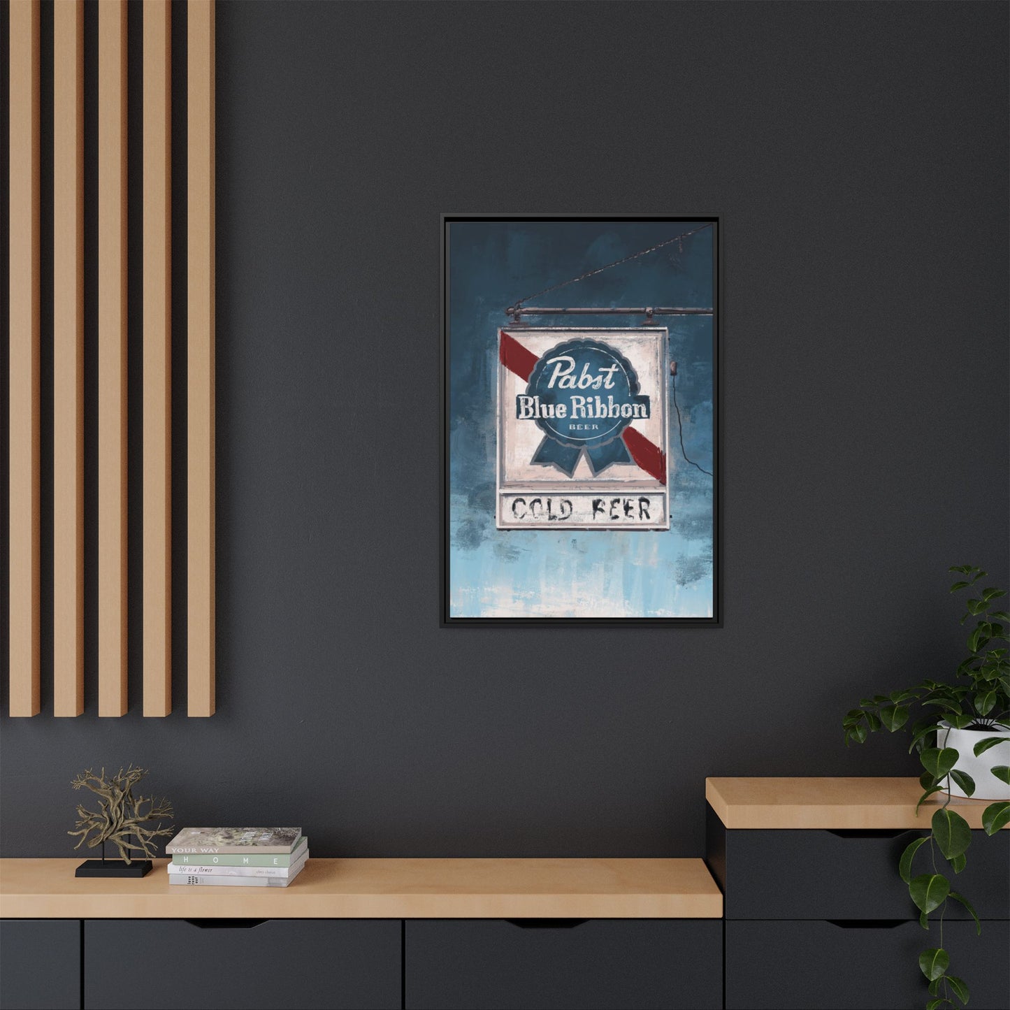 Blue Ribbon Glow – Retro Dive Bar Framed Canvas Print