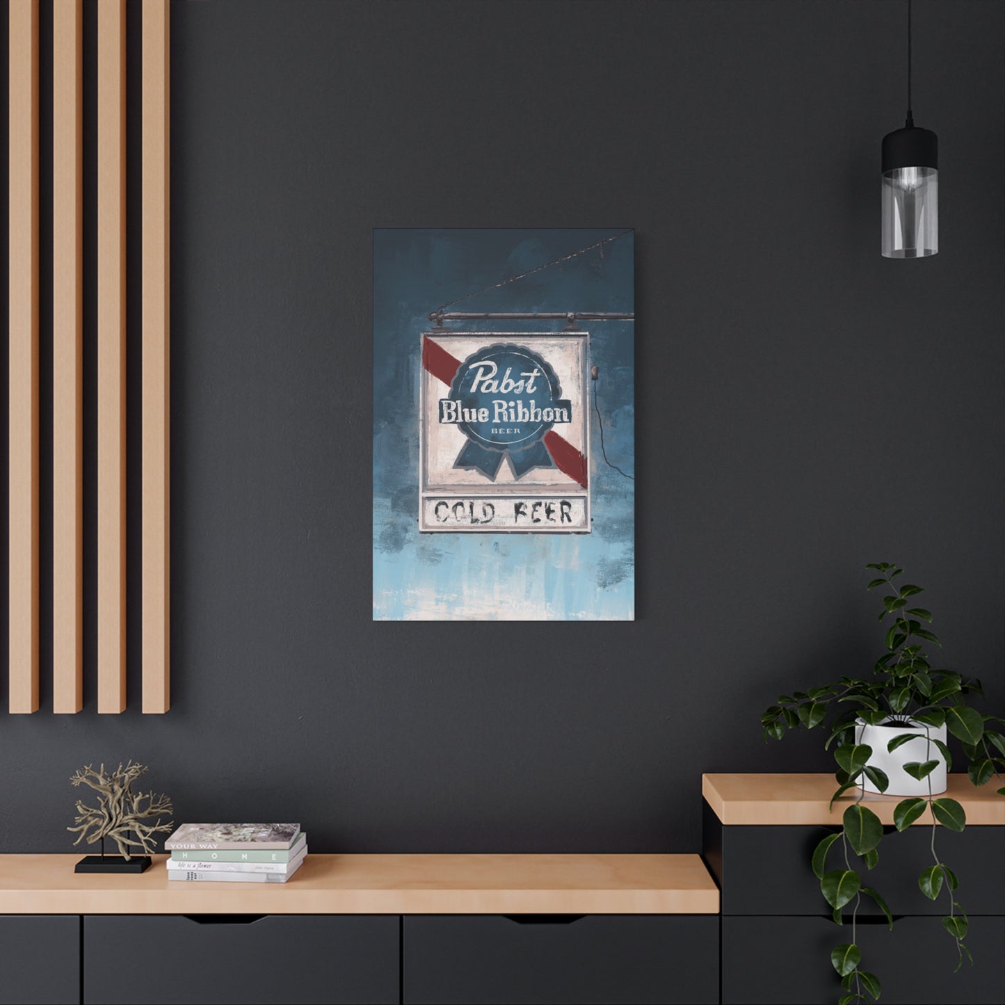 Blue Ribbon Glow – Retro Dive Bar Wall Art