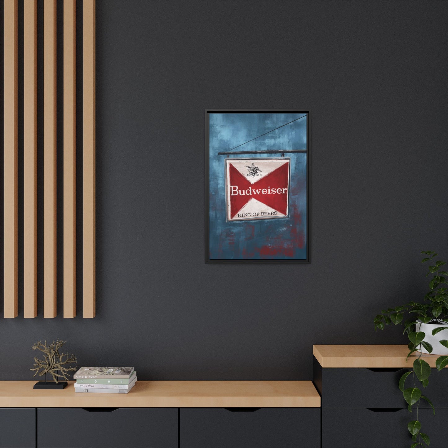 The King Hangs Here – Vintage Budweiser Bar Sign Framed Canvas Print