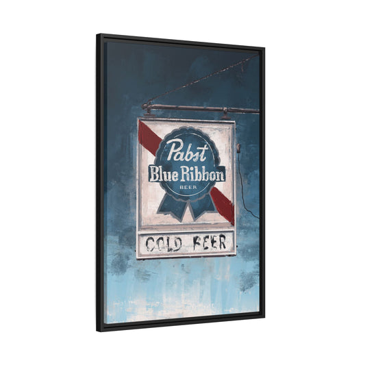 Blue Ribbon Glow – Retro Dive Bar Framed Canvas Print