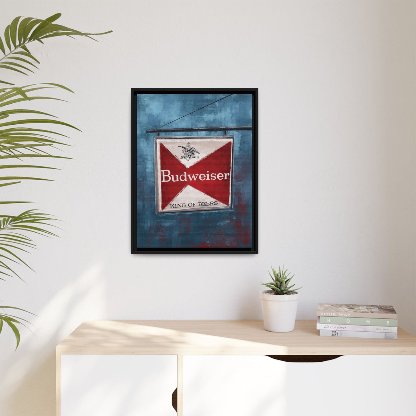 The King Hangs Here – Vintage Budweiser Bar Sign Framed Canvas Print