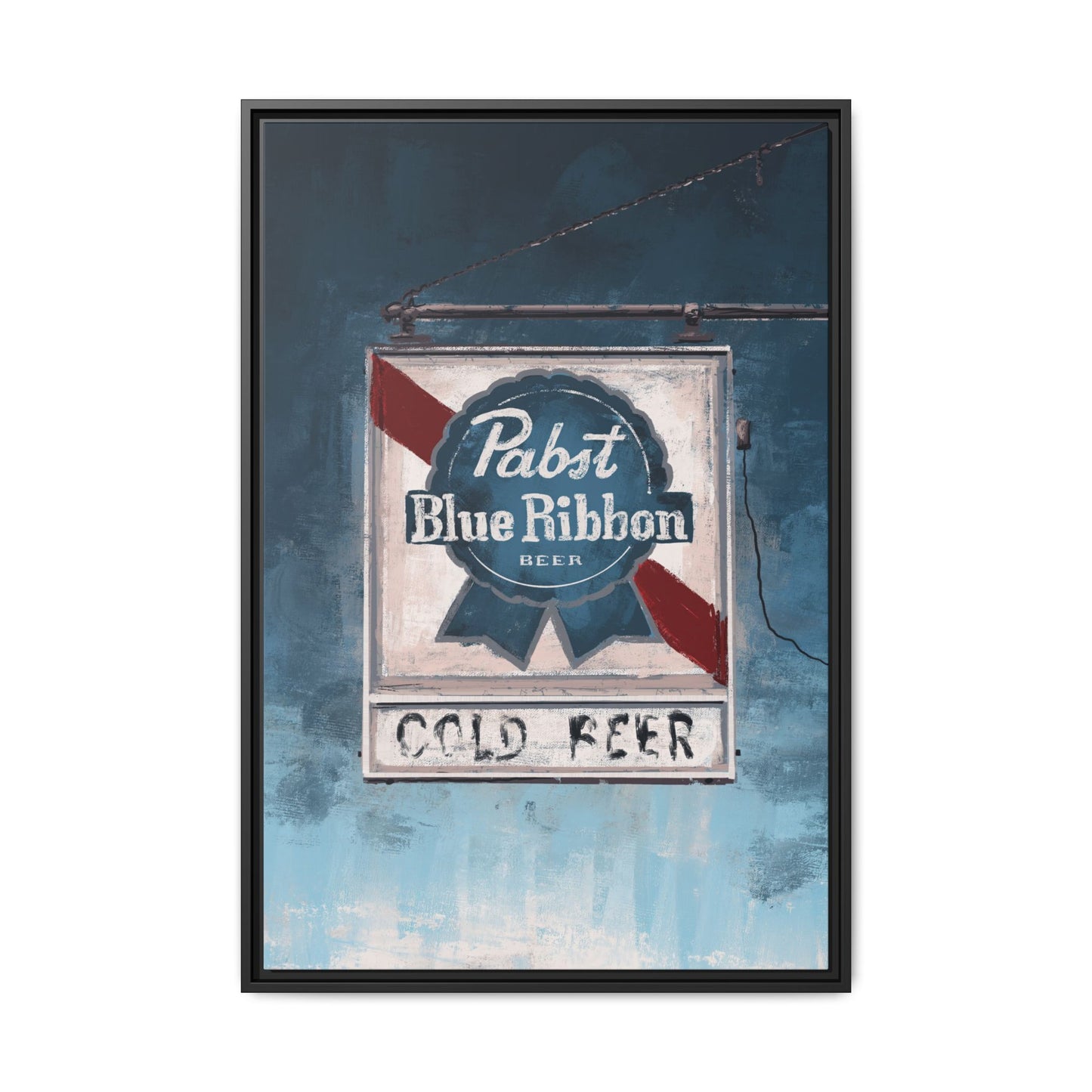 Blue Ribbon Glow – Retro Dive Bar Framed Canvas Print