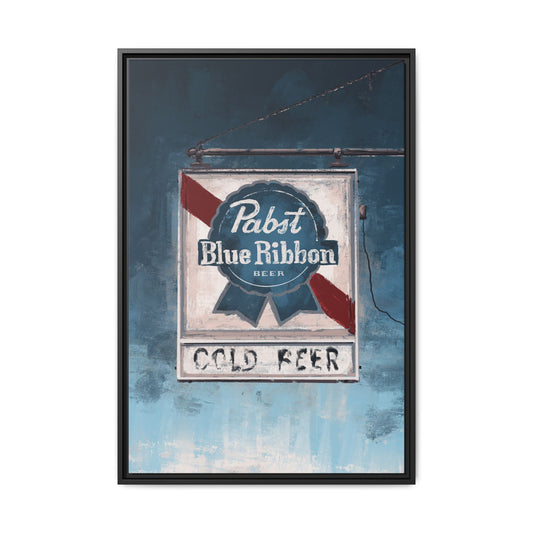 Blue Ribbon Glow – Retro Dive Bar Framed Canvas Print