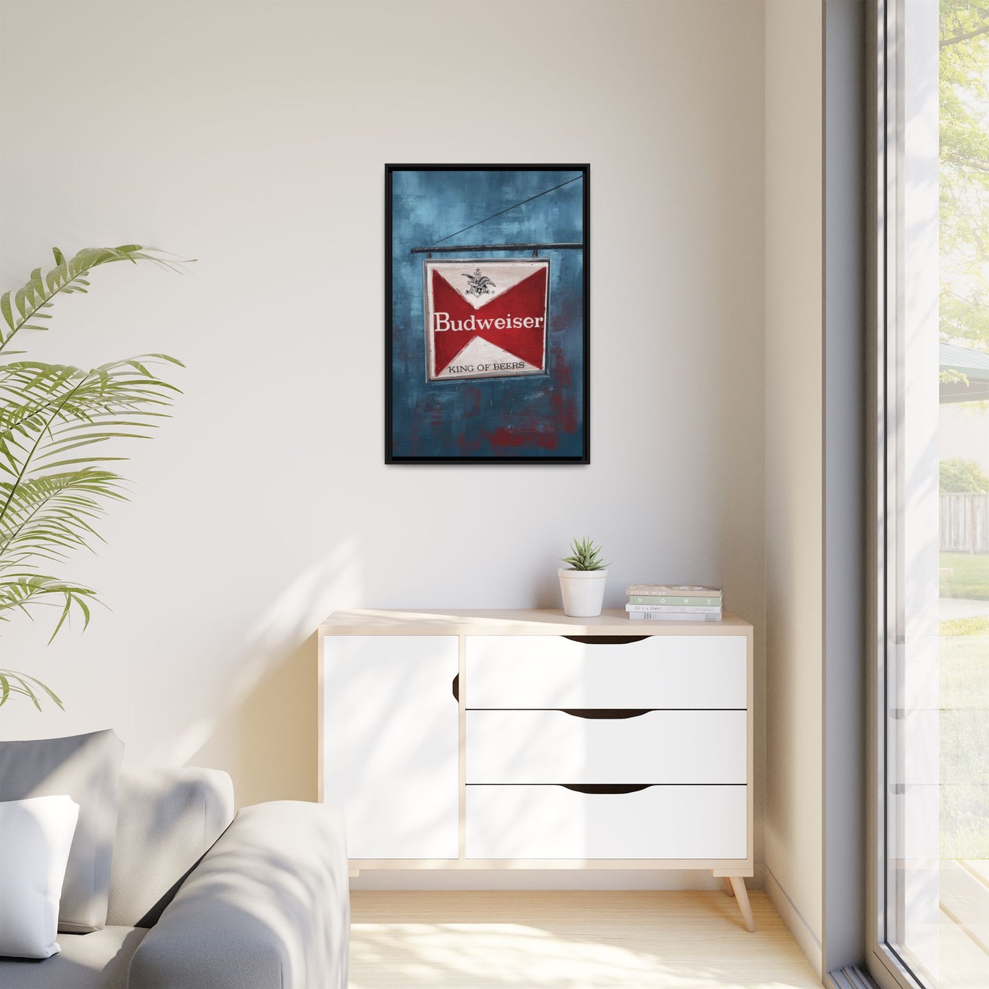 The King Hangs Here – Vintage Budweiser Bar Sign Framed Canvas Print