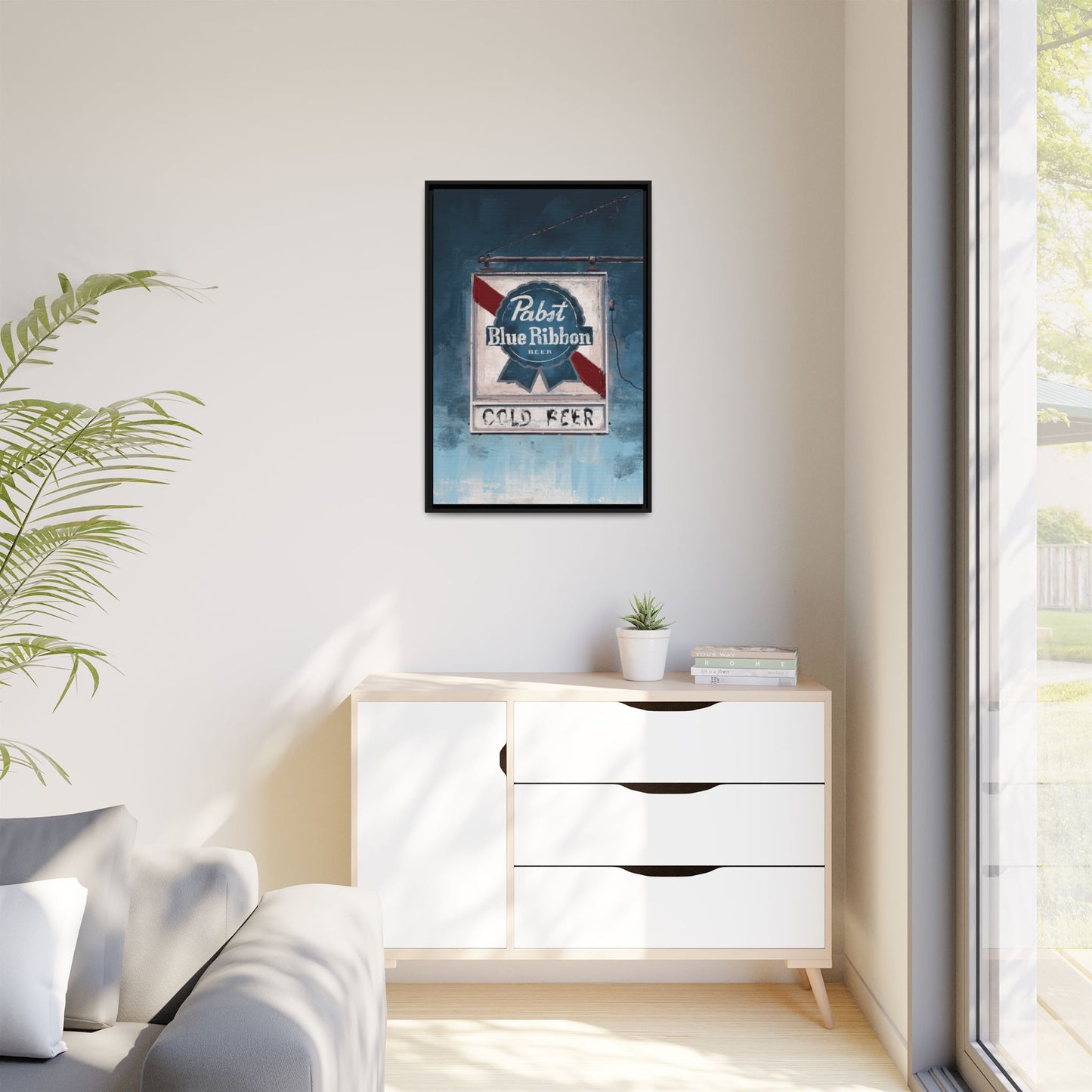 Blue Ribbon Glow – Retro Dive Bar Framed Canvas Print