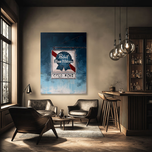 Blue Ribbon Glow – Retro Dive Bar Wall Art